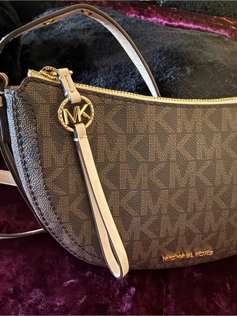 Michael Kors Brown Logo Crescent Crossbody Bag with Gold Accent